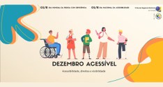 #PraTodosVerem: Card com a ilustração de pessoas de cinco pessoas, uma na cadeira de rodas, uma ...