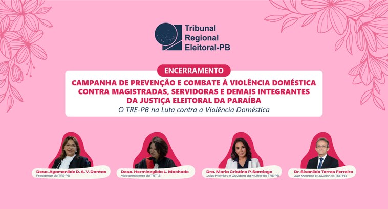 Painel retangular, na parte inferior: fotografias de três mulheres e um homem; no centro superio...