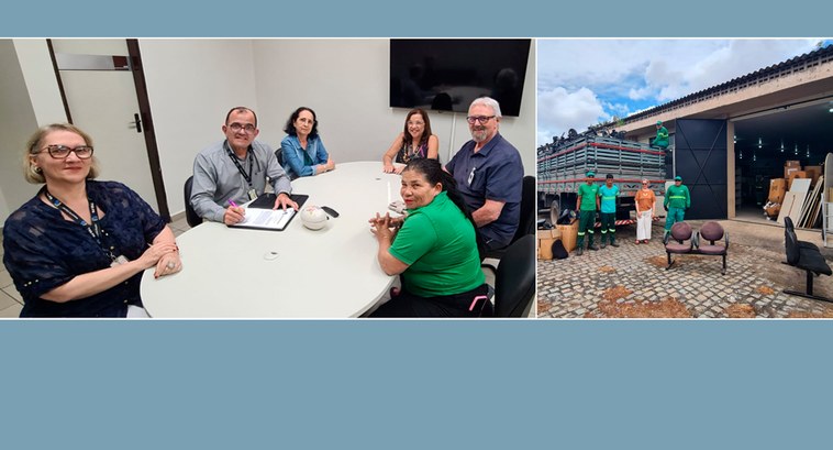 Painel retangular com seis pessoas sentadas, reunidas em volta de uma mesa; dois são homens.