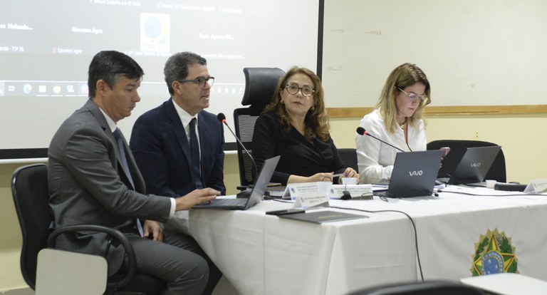 Painel retangular com pessoas à mesa, em reunião de trabalho.