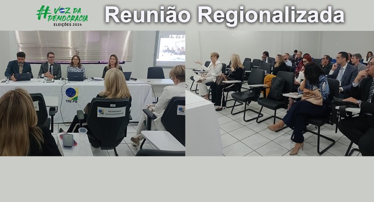 Painel retangular com duas fotografias de uma mesma reunião, envolvendo muitas pessoas, todas se...