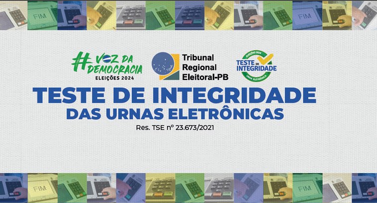 #PraTodosVerem: Card retangular com a logo das Eleições 2024, a logo do TRE-PB e a logo do Teste...